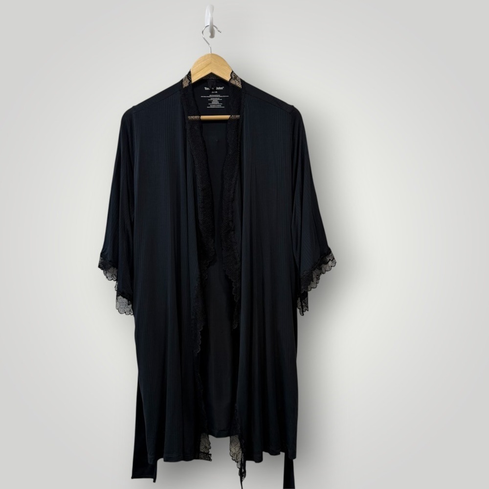 Tommy John Womens Black Ribbed Lace Trim Robe Open Front Tie Belt Size M